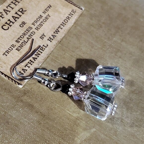 Faceted Czech Crystal Clear Pink Black Silver Cube and Bicone Earrings - Picture 1 of 9